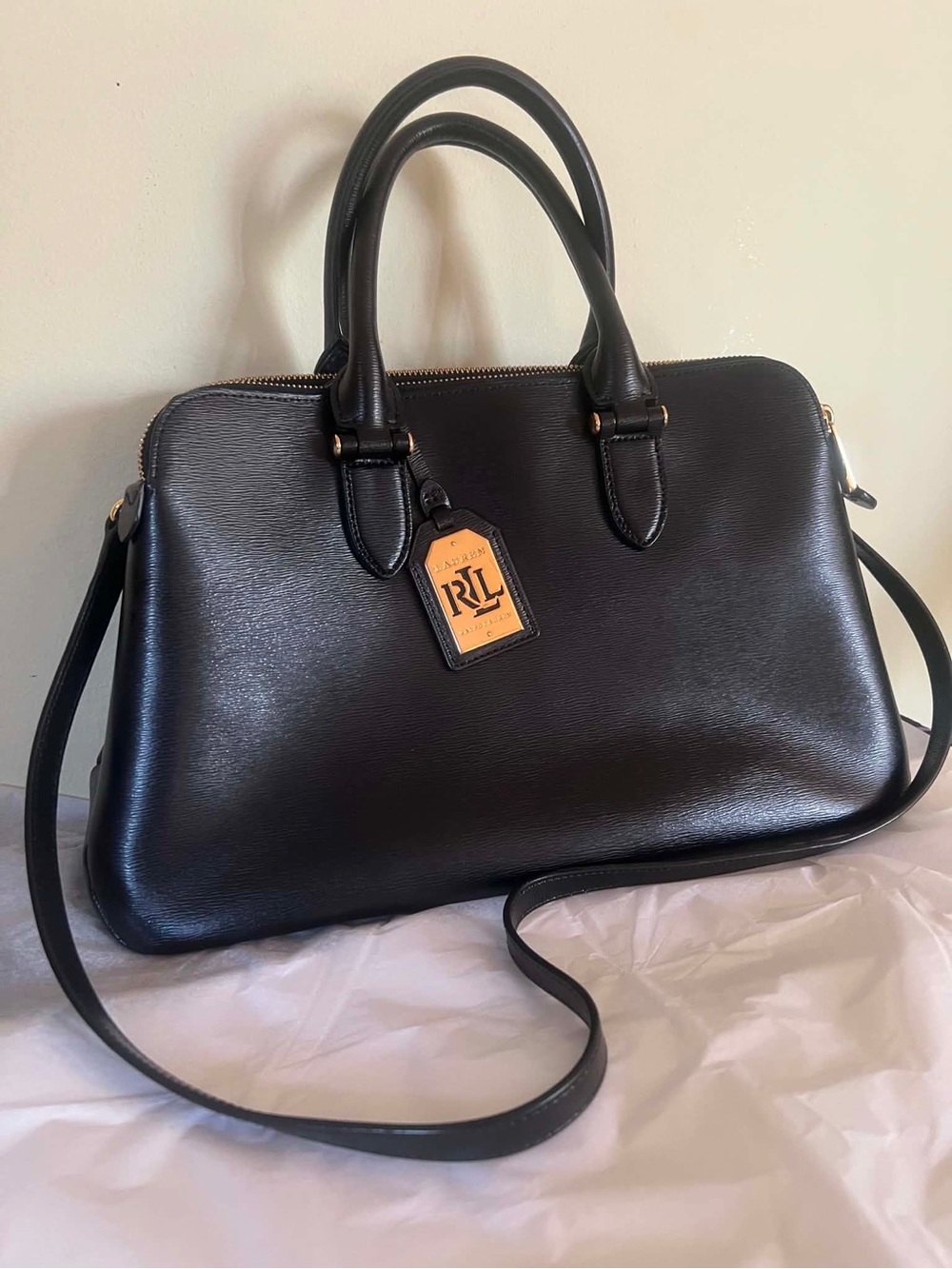 Ralph Lauren Black Leather Satchel with Gold Logo Tag Accent - Picture 2 of 13
